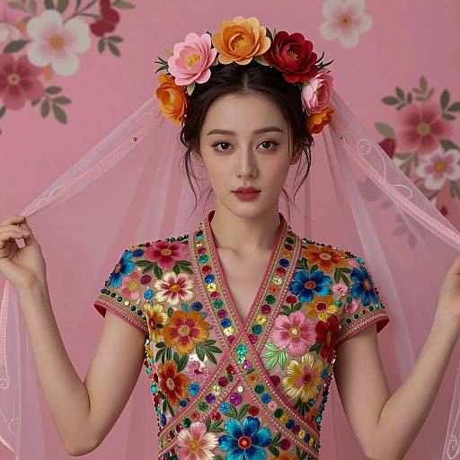 Vibrant Asian Woman in Floral Elegance