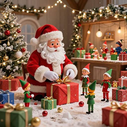 Photograph of Santa Claus, surrounded by snow-covered elves and wrapped gifts, in a festive, warmly lit Christmas scene with decorated trees.