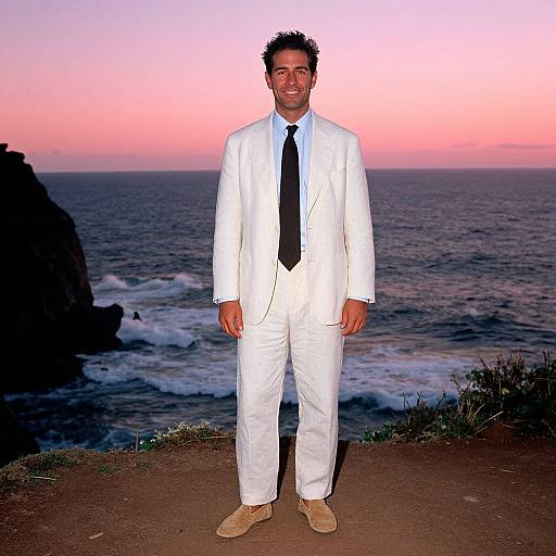 Photograph of a smiling man with short curly hair, wearing a white suit, black tie, and beige shoes, standing on a cliff at sunset with