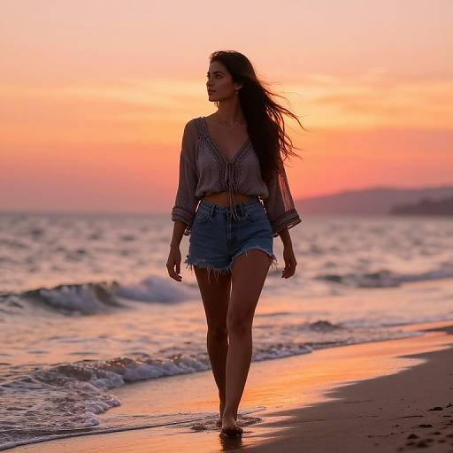 Photograph of a silhouetted woman with long hair, wearing a sheer, fringe crop top and high-waisted denim shorts, walking on