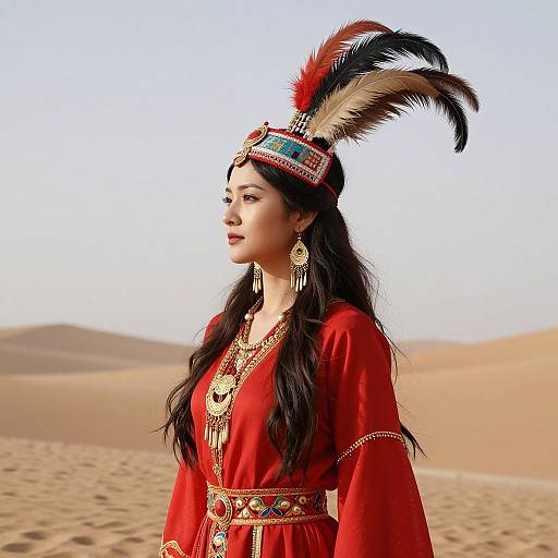 Photograph of an Asian woman with long black hair, wearing a red traditional dress, gold jewelry, and a feathered headdress, standing in a