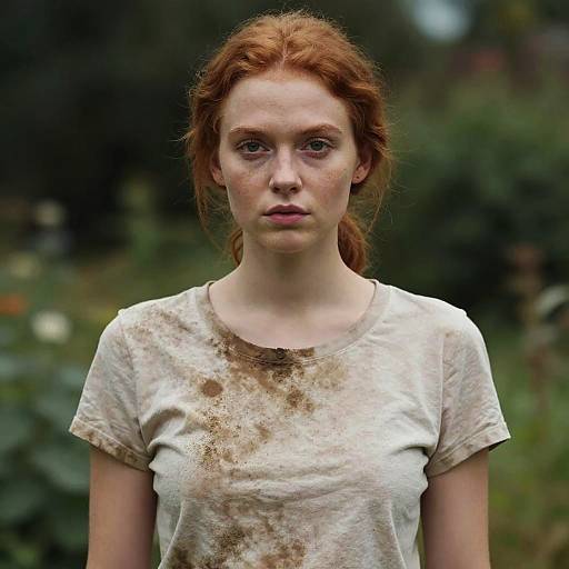 Photograph of a pale-skinned, red-haired woman with intense eyes, wearing a dirty, stained white t-shirt, standing outdoors with a blurred,