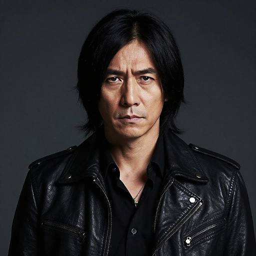 Photograph of an Asian man with medium-length black hair, serious expression, wearing a black leather jacket over a black shirt, against a dark blue background