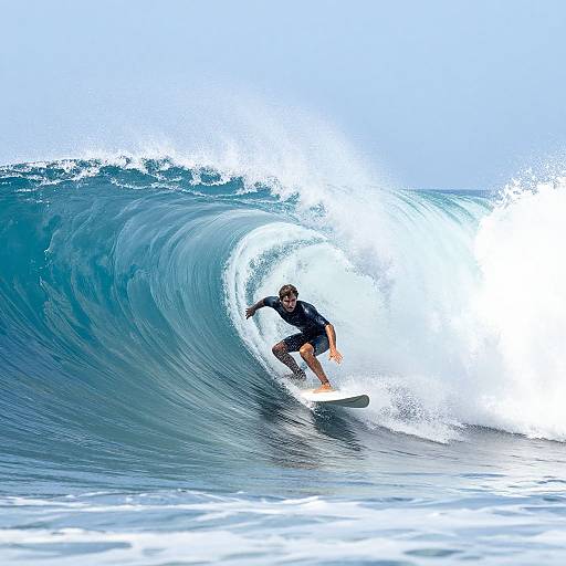Photograph of a male surfer in black wetsuit riding a massive, blue, curling wave with white frothy crest under a clear sky