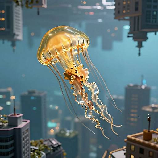 Digital artwork of a glowing, orange-yellow jellyfish with long, translucent tentacles floating above a futuristic cityscape of tall buildings and blue-toned water