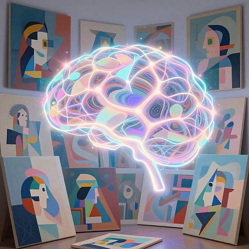 Photograph of a gallery wall featuring abstract, geometric paintings of stylized human faces, with a glowing, neon brain light installation in the center.
