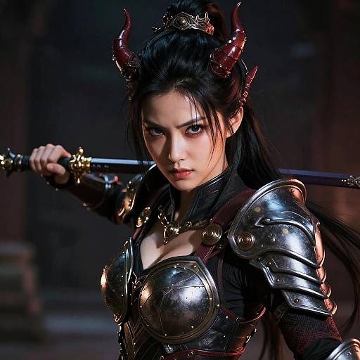 Fierce Female Demon Warrior in Battle Armor