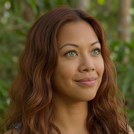 Photograph of a smiling Black woman with wavy, auburn hair, green eyes, and light brown skin, set against a blurred green forest