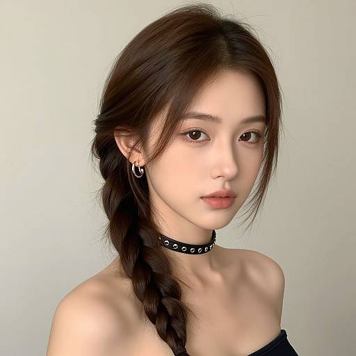 Photograph of an East Asian woman with fair skin, dark brown braided hair, wearing a black choker with silver studs, small hoop earrings,