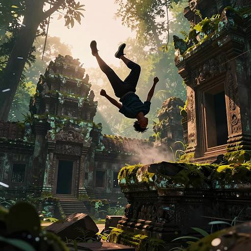Photograph-style digital artwork: Silhouetted person mid-air, flipping upside-down above ancient, moss-covered temple ruins in a sunlit jungle.
