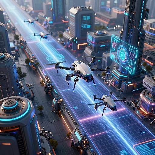 Autonomous AI Drones in Futuristic Cybernetic City