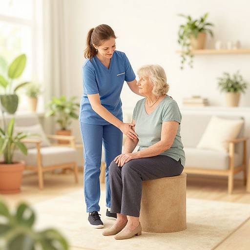 Photograph of a compassionate nurse in blue scrubs gently touching an elderly woman's hand while she sits on a beige cushion in a bright, plant-filled