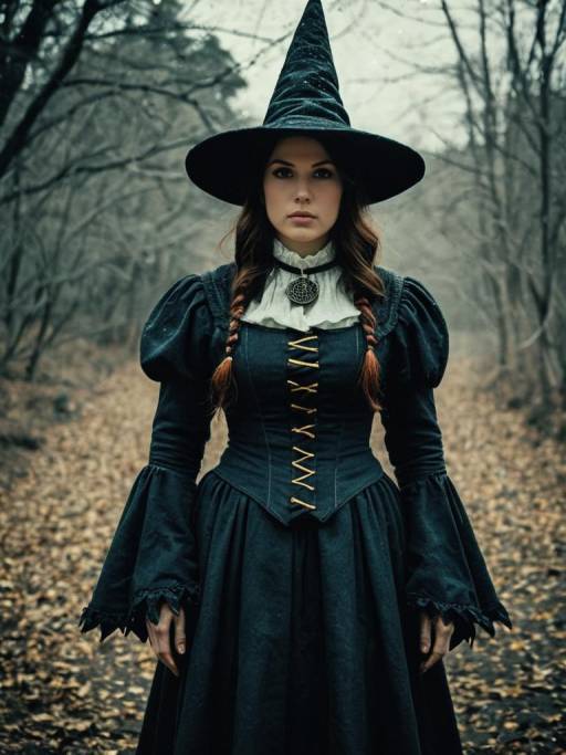 Woman in Elizabethan Witch Costume in Forest