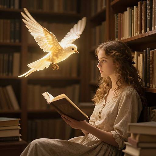 Photograph: Young woman with curly brown hair, wearing a white dress, reads a book in a dimly lit library, illuminated by a glowing,