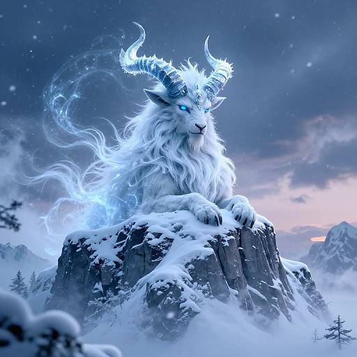 Digital fantasy artwork of a glowing blue, ethereal, horned wolf-like creature with fiery antlers, sitting on a snow-covered mountain peak at twilight