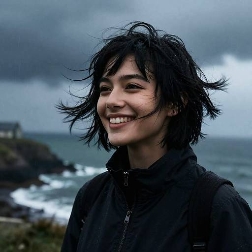 Joyful Breton Woman on Stormy Coast