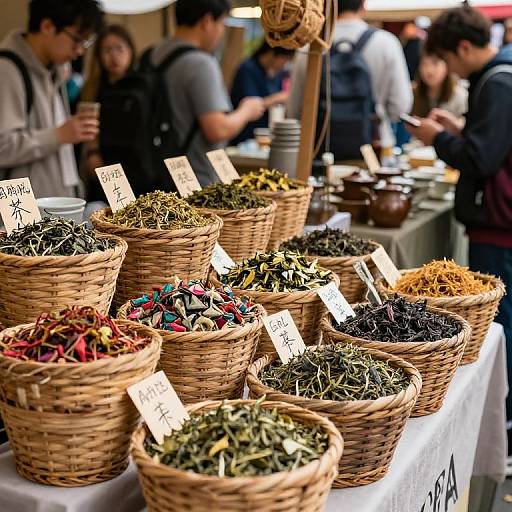 Photograph of colorful dried herb baskets with handwritten price tags at a bustling outdoor market, blurred background of shoppers.