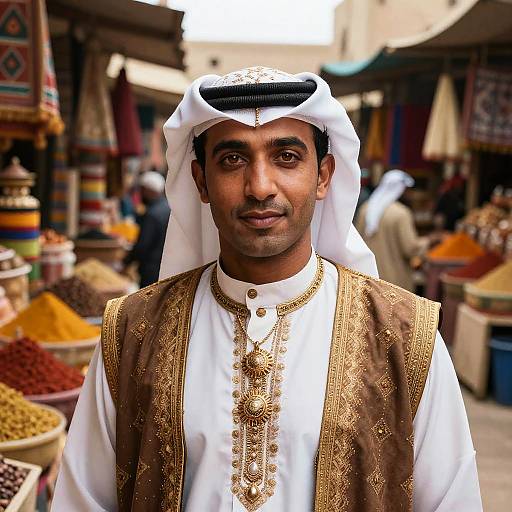 Photograph of a Middle Eastern man in traditional white thobe and gold-embroidered brown vest, standing in a colorful market stall.