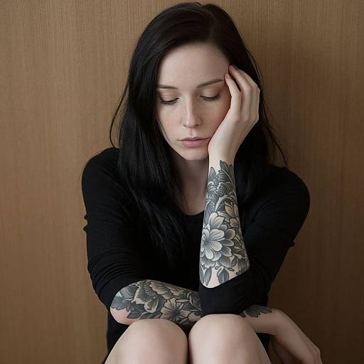 Pensive Woman with Floral Tattoos