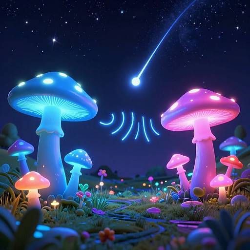 Glowing neon mushrooms under a starry night sky with a shooting star, surrounded by colorful, luminescent flowers and grass. Digital art.
