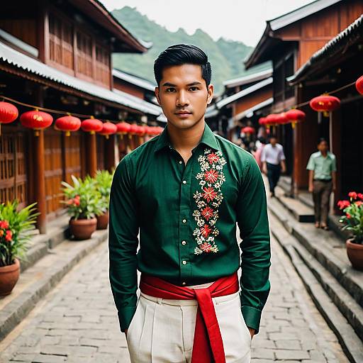 Young Man in Modern Filipiniana Attire on Traditional Village Street
