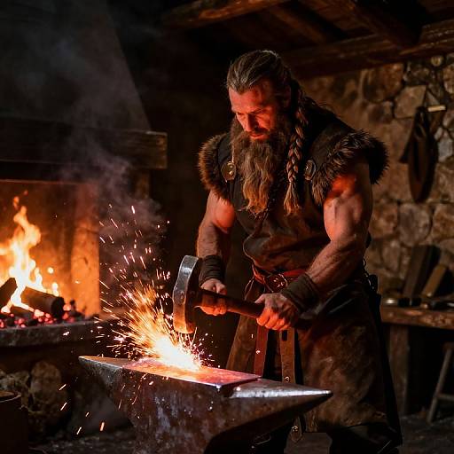 Viking Blacksmith Hammering Glowing Metal