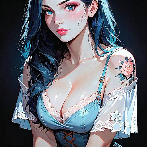 Brunette Woman in Denim Corset with Floral Tattoo