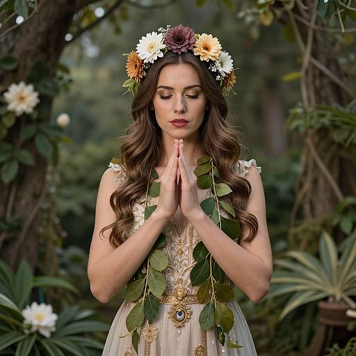 Photograph of a fair-skinned woman with long brown hair, wearing a floral headpiece and lace dress, praying with hands together in a lush forest