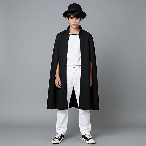 Photograph of a young Asian man with short black hair, wearing a black hat, long black cape, white shirt, pants, and black-and-white