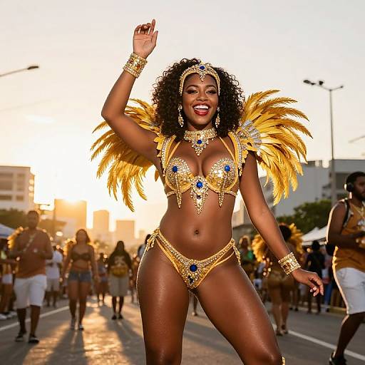 Photograph of a confident, dark-skinned woman with curly hair, wearing a gold and yellow feathered bikini, bejeweled necklace, and