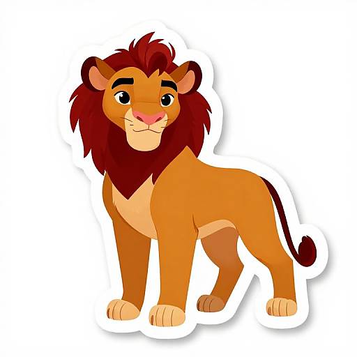 Cartoon-style lion with orange fur, dark red mane, and friendly expression, standing on white background. Character resembles Disney's 