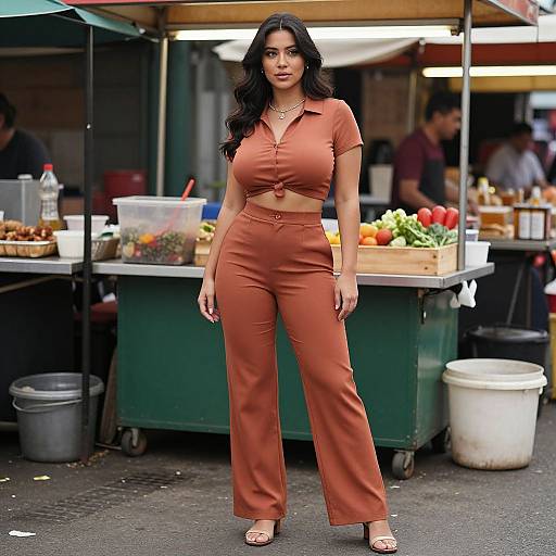 Photograph of a curvy woman with long black hair, wearing an orange crop top and pants, standing in front of a bustling outdoor food market stall