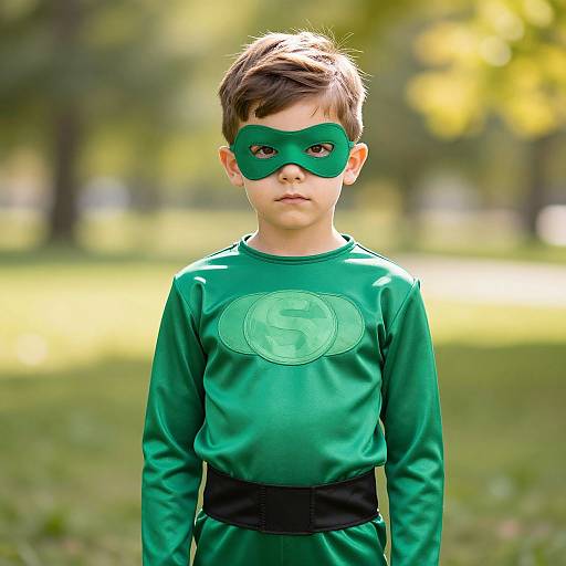 Photograph of a young boy with brown hair, wearing a green superhero mask and green costume with black belt, standing in a sunlit, blurred park