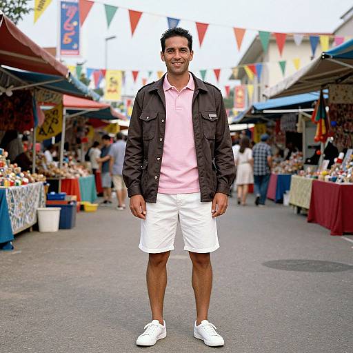Photograph of a smiling South Asian man with short black hair, wearing a pink polo, white shorts, black jacket, and white sneakers, standing in