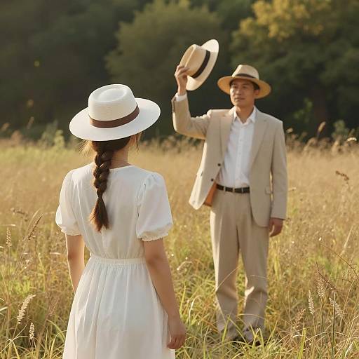 Couple in Sunlit Field with Hats