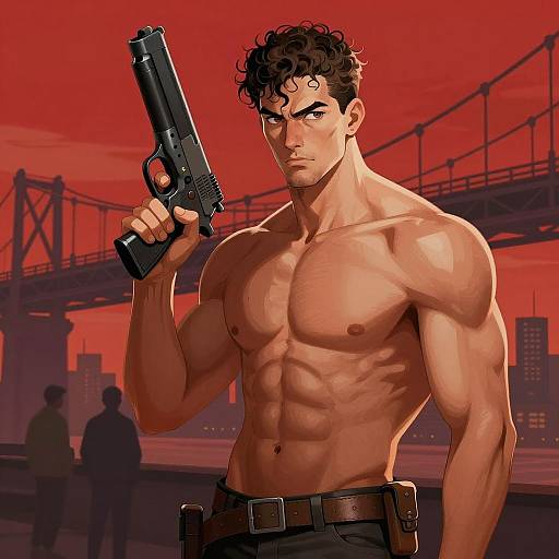 Intense Muscle Man with Gun in Cityscape