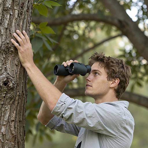 Young Man Climbing a Tree with Binoculars
