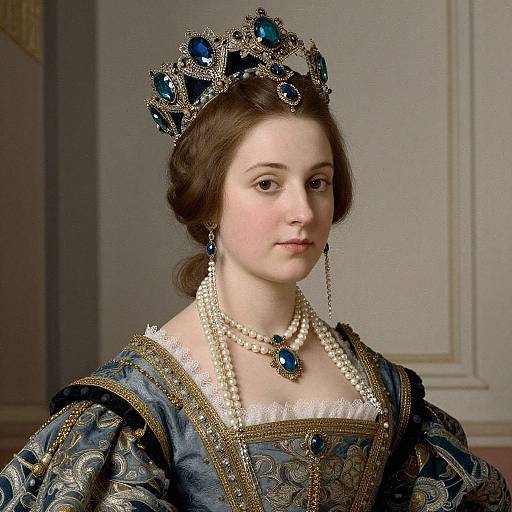 Photograph of a pale-skinned woman with brown hair, wearing an ornate blue and gold gown, pearl necklace, blue gemstone crown, and