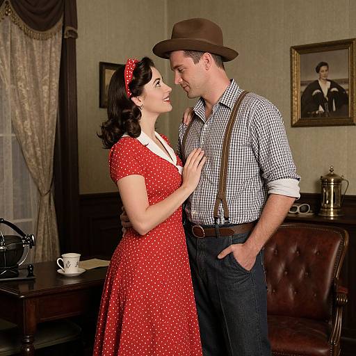 1940s-style photograph of a smiling couple in vintage attire: woman in red polka dot dress, man in checkered shirt and brown hat,