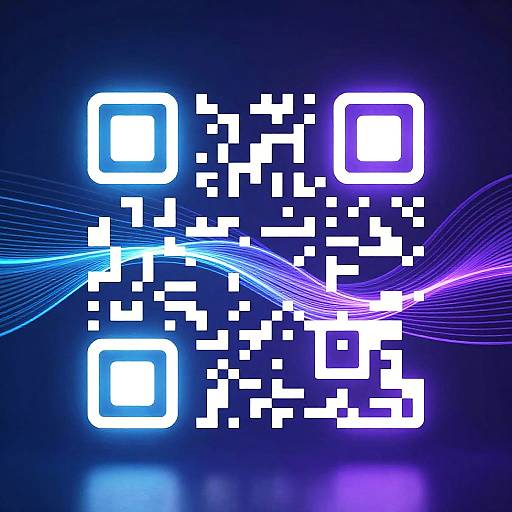 Digital artwork of glowing, pixelated QR codes against a dark blue background with wavy, neon blue and purple light patterns.