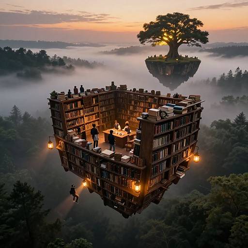 Fantasy CGI image of a floating, book-filled castle at sunset, with a tree island in the misty background. Warm lanterns illuminate the scene