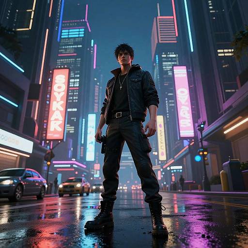 Cyberpunk street scene photograph: Brooding man in dark jacket and pants, neon-lit skyscrapers, rain-soaked street, glowing signs