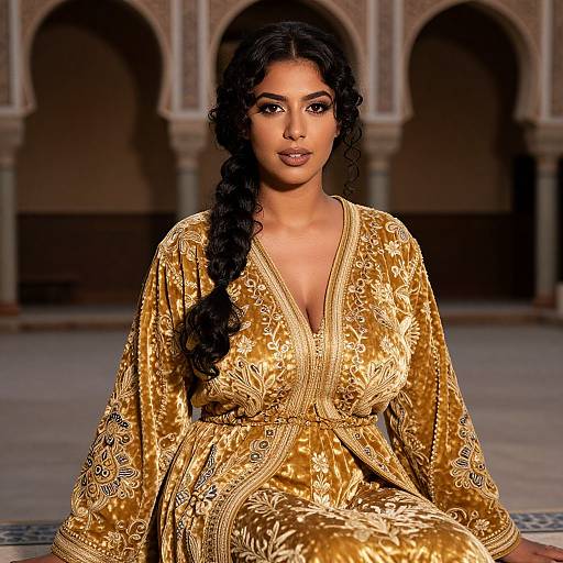 Photograph of a woman with long, curly black hair in a gold, intricately embroidered, deep V-neck robe, seated in a dimly lit
