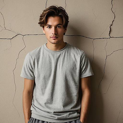 Young Man in Gray T-shirt Against Cracked Wall