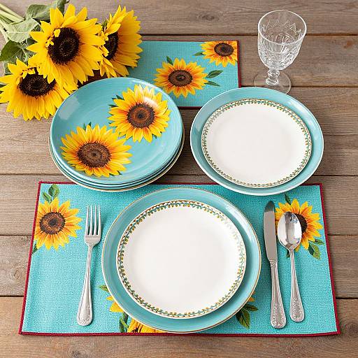 Photograph of a sunny, floral-themed dinner setting: turquoise plates with sunflower patterns, clear glassware, silver utensils on blue placemats