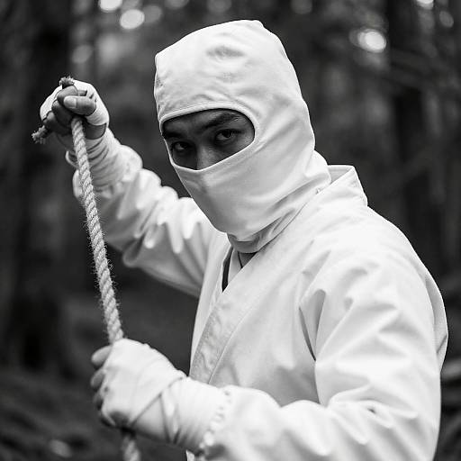 Ninja in White Outfit Holding Rope