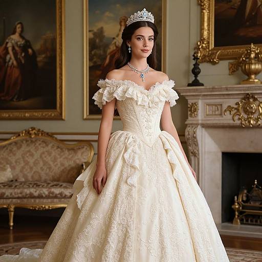 Photograph of a young woman with dark hair, wearing a white off-shoulder lace wedding gown, silver tiara, and necklace, standing in