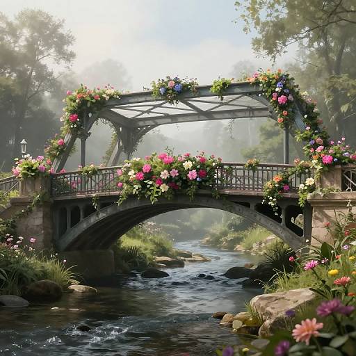 Photorealistic digital artwork of an iron bridge adorned with vibrant flowers, spanning a gentle, rocky river in a sunlit, misty forest.