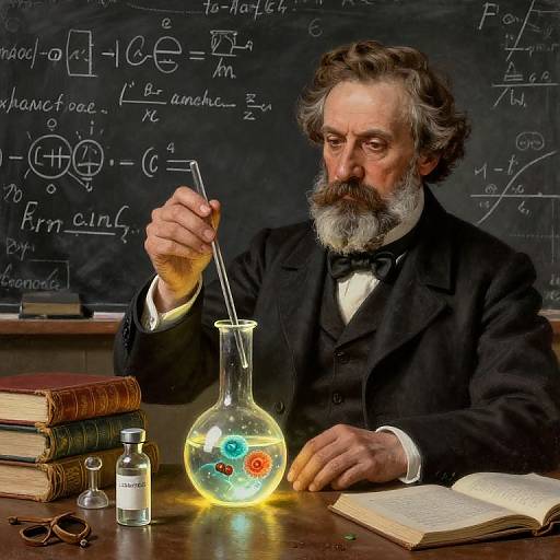 Photograph of an elderly white man with a gray beard, dressed in a black suit, holding a test tube, standing in front of a chalkboard