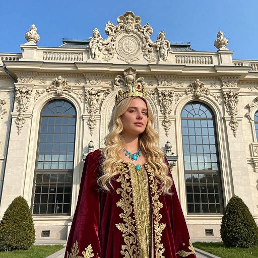 Photograph of a blonde woman with long hair, wearing a maroon velvet robe with gold embroidery, turquoise necklace, and crown, standing in front of